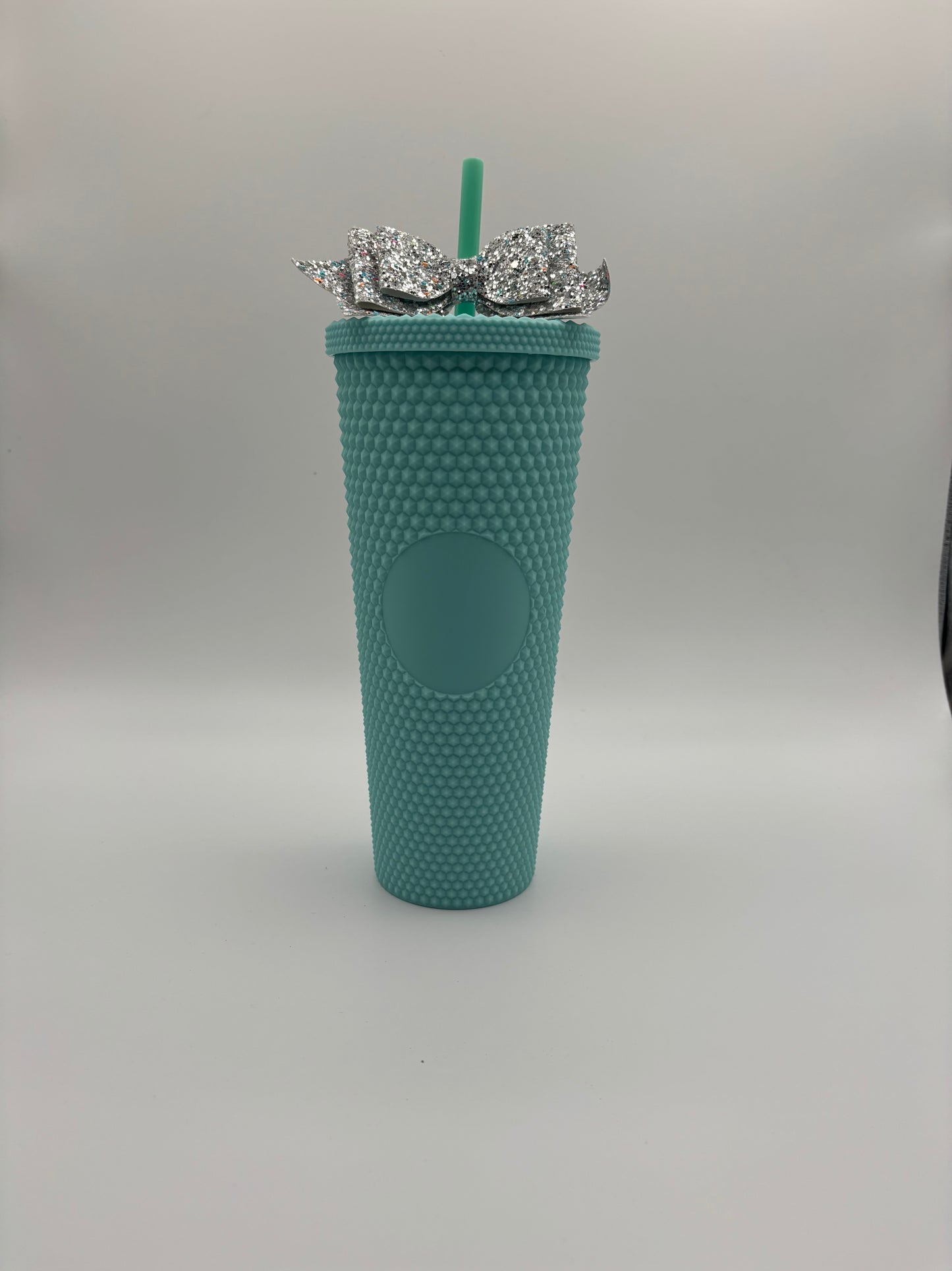 Trending Reusable 24oz Plastic Tumbler with straw and bow Aqua